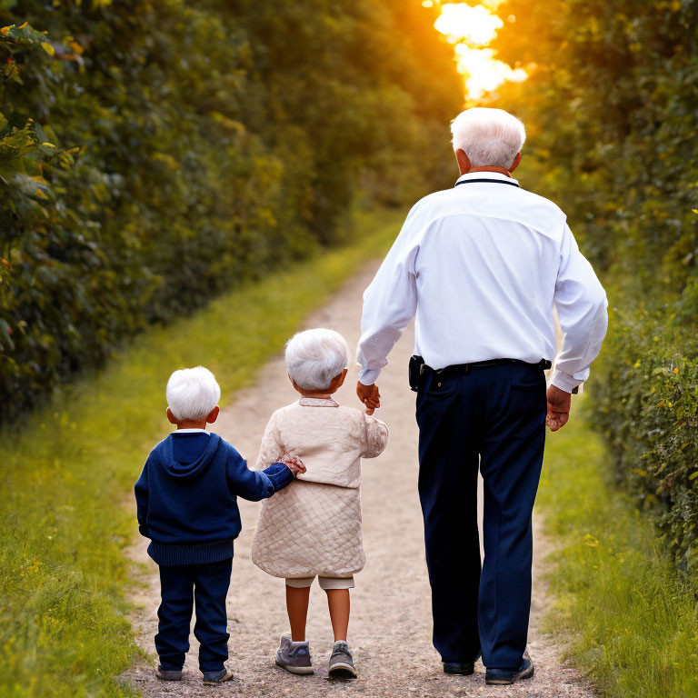 Elderly man and two children with white hair walking hand-in-hand in nature.