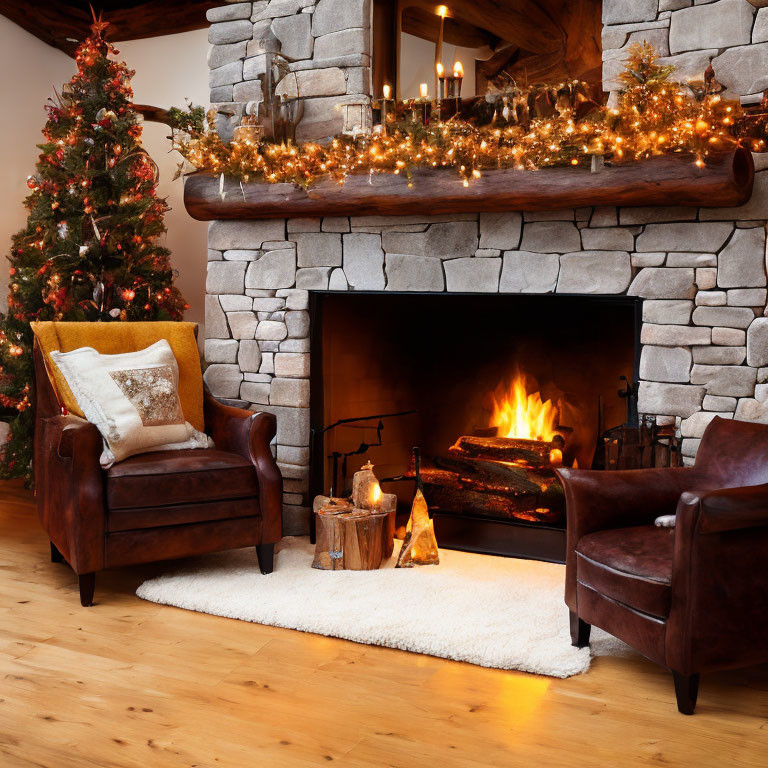 Festive Christmas room with fireplace and decorated tree