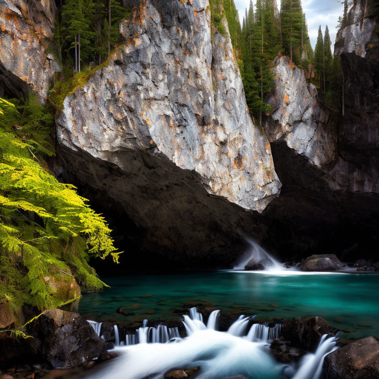 Tranquil waterfall cascading into turquoise pool among rugged cliffs