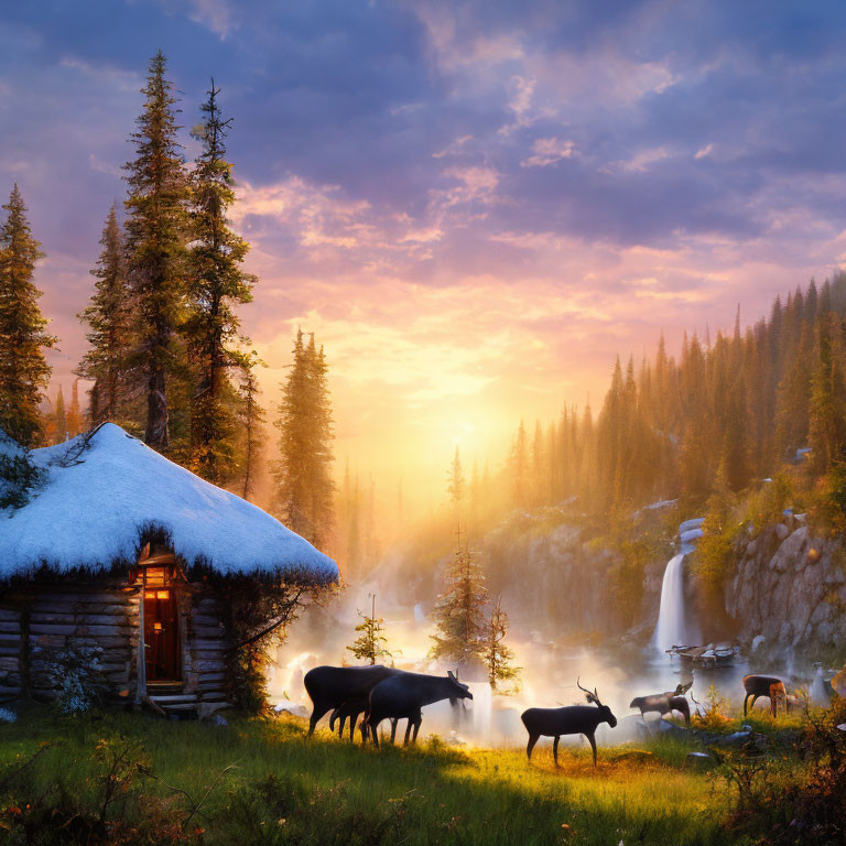 Rustic cabin with thatched roof near waterfall at sunset