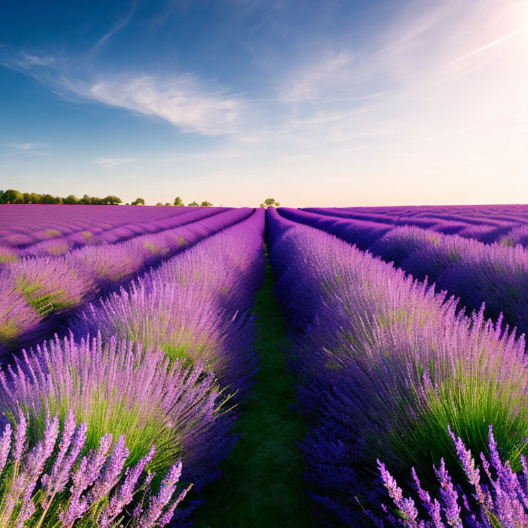 Scenic lavender fields with central path at sunset