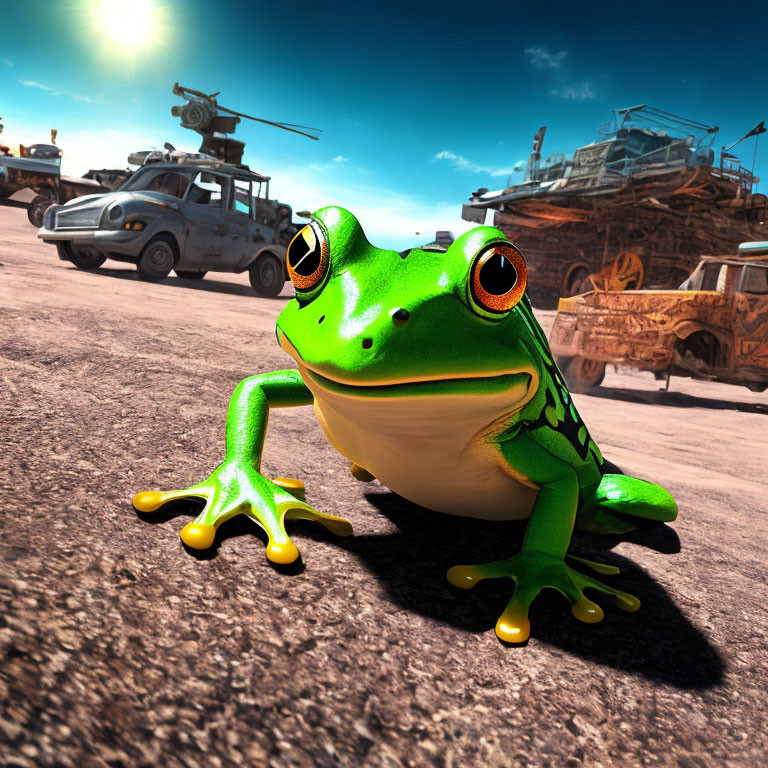 Colorful frog on tarmac with helicopter, truck, and structures in background