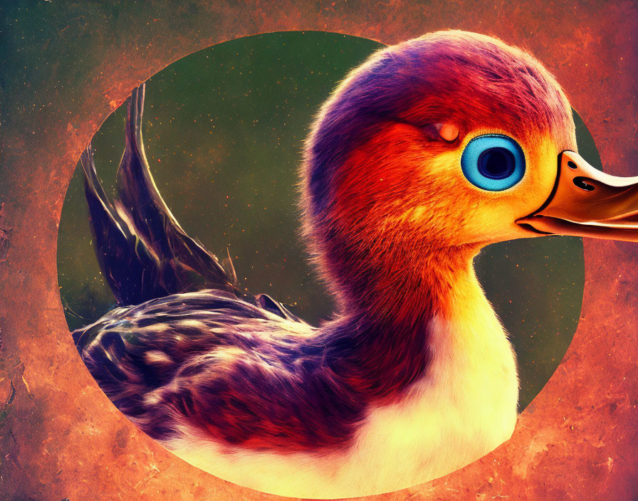 Colorful Duck Portrait with Blue Eyes on Orange and Teal Background