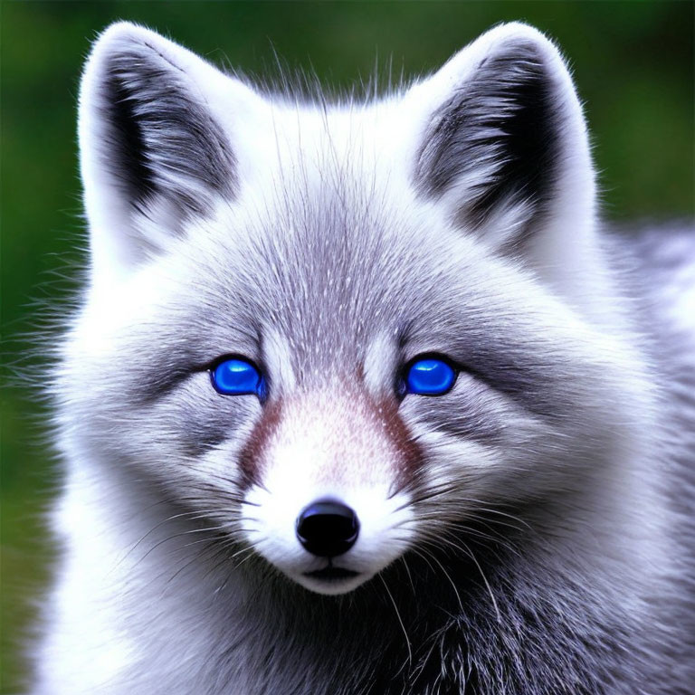 White Fox with Blue Eyes and Black Nose on Blurred Green Background