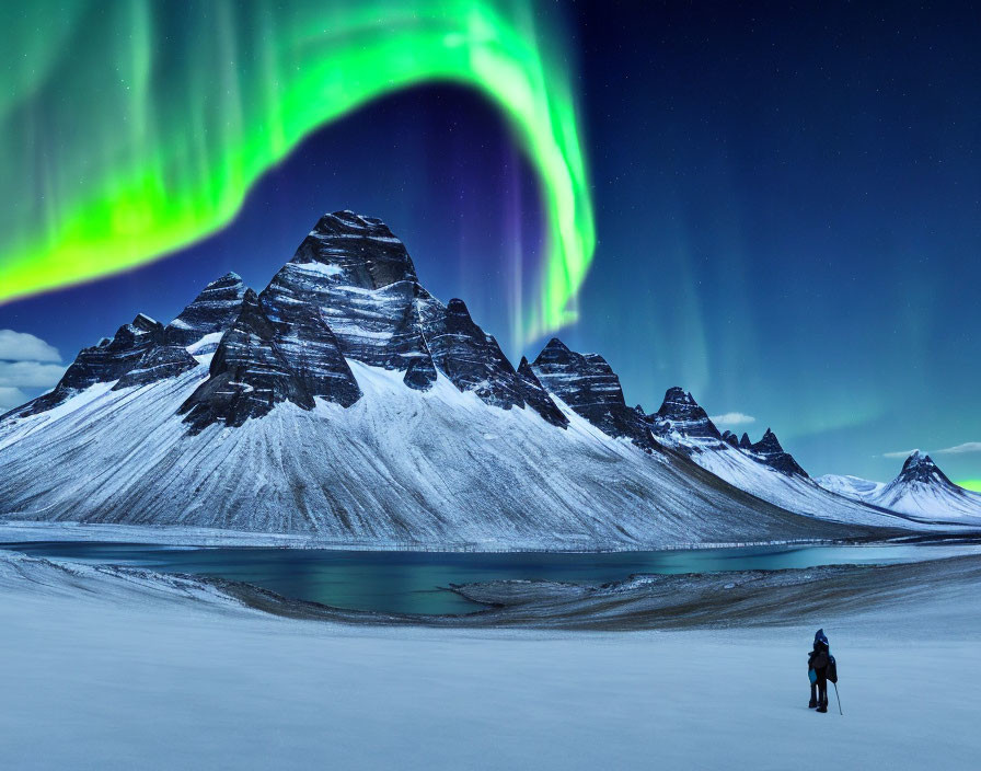 Vibrant aurora borealis over snowy mountains and calm lake under starry sky