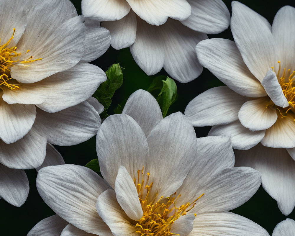 White anemone flowers with yellow centers on dark background