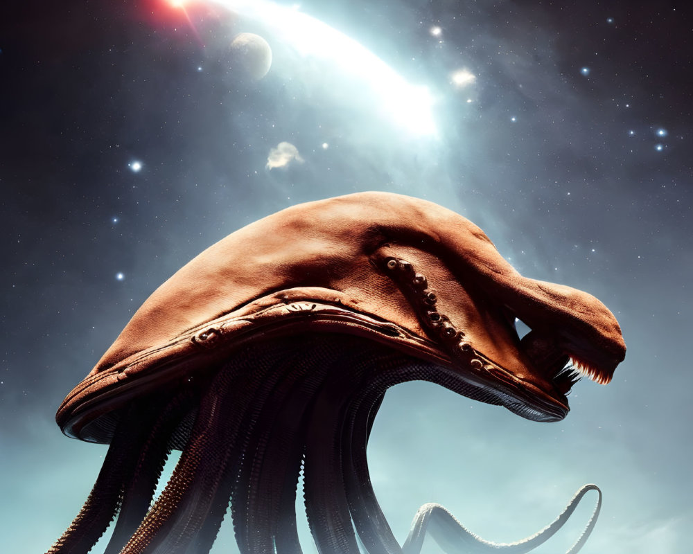 Surreal alien creature with tentacles in cosmic scene