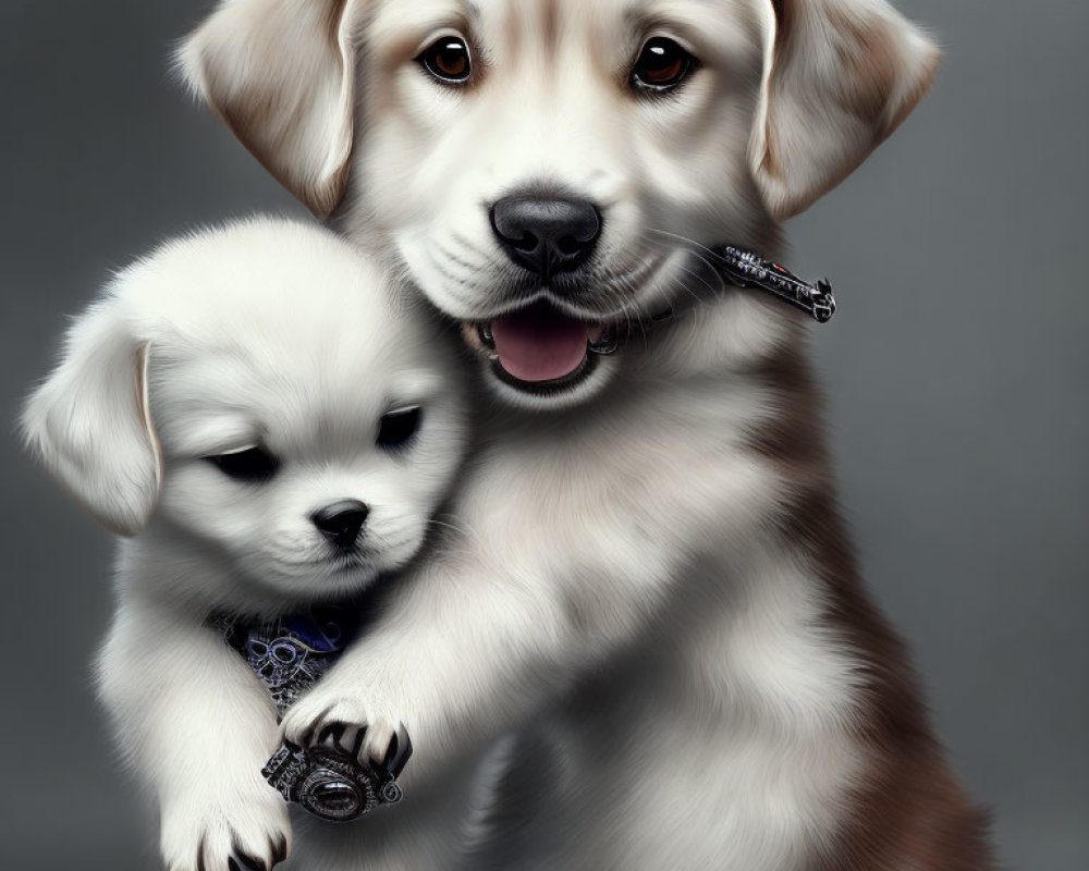 Golden retriever puppy with whistle and white puppy with medallion in digital illustration