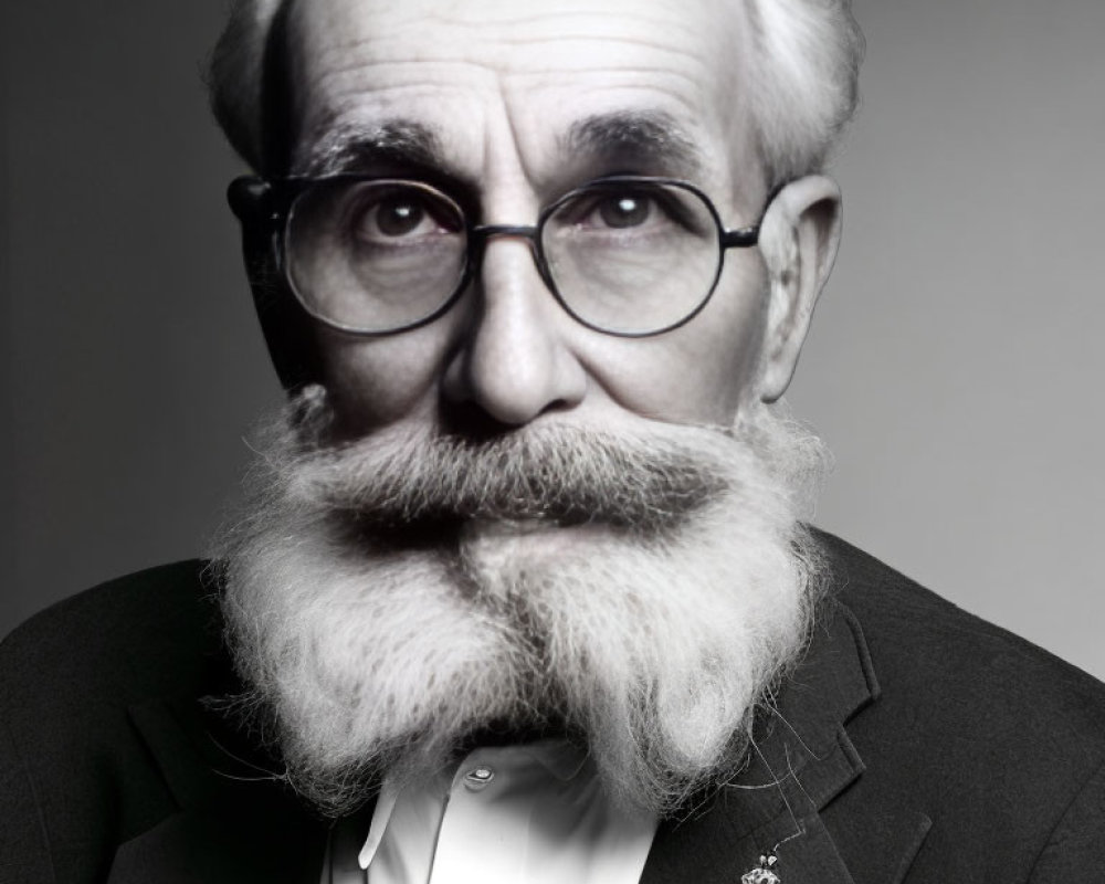 Monochrome portrait of elderly man with white mustache and round glasses