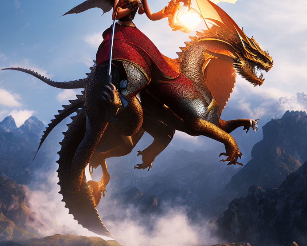 Warrior woman on red dragon soaring over mountainous landscape