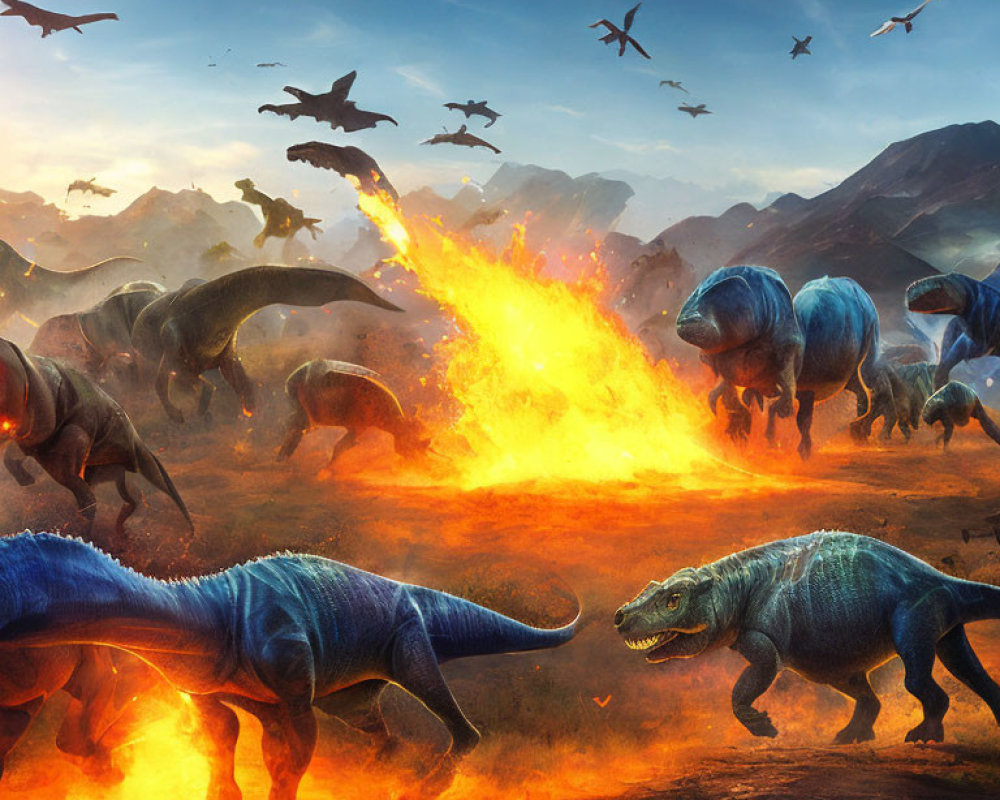 Dramatic prehistoric scene with roaring T-Rex and fleeing dinosaurs in chaotic landscape