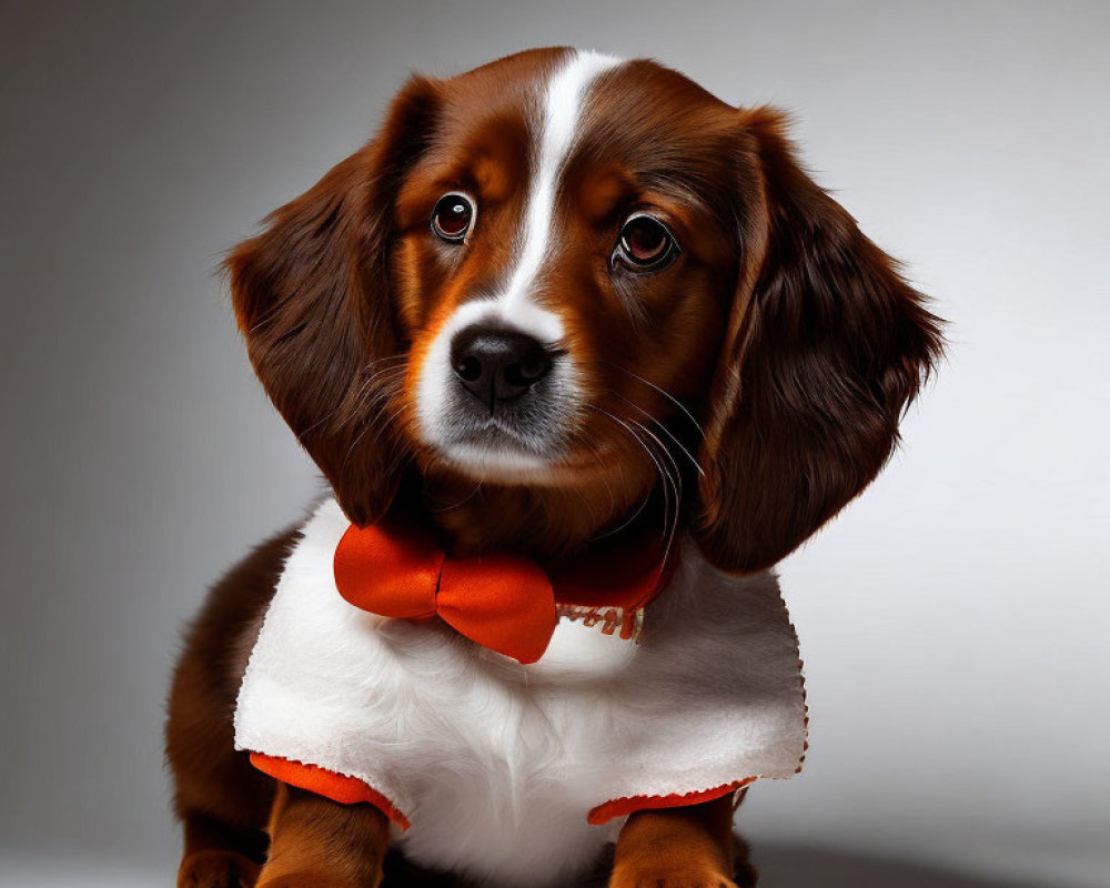 Brown and White Puppy in Orange Bow Tie Against Gray Background