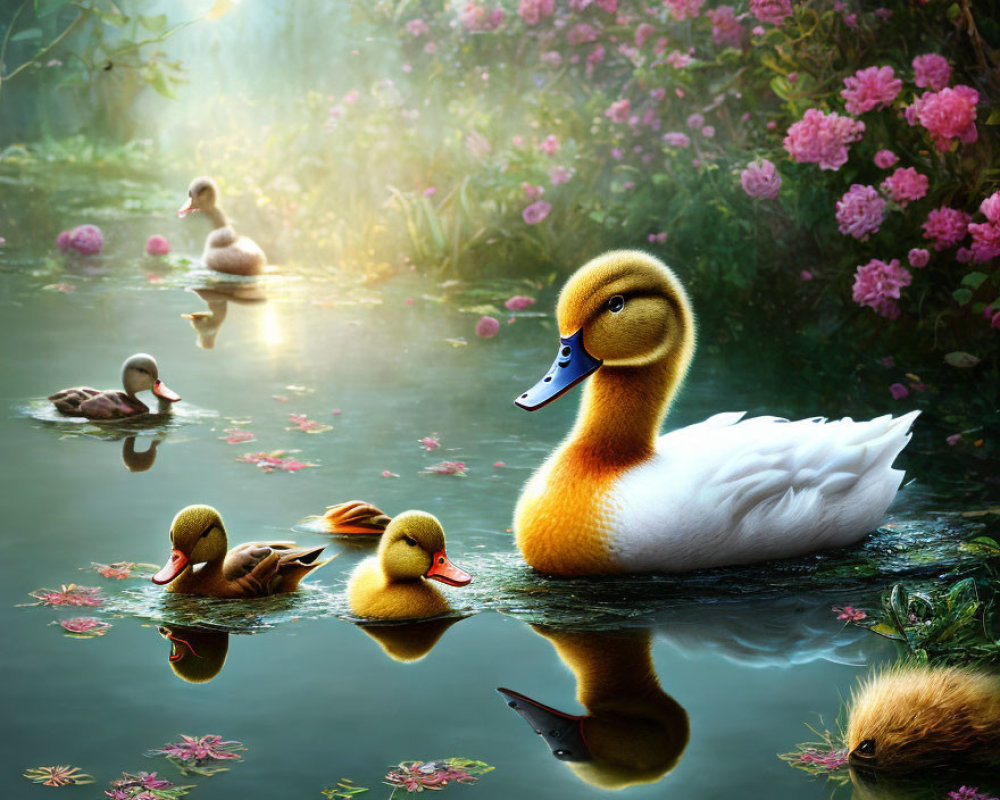 Tranquil pond with ducks, lush plants, and soft sunlight