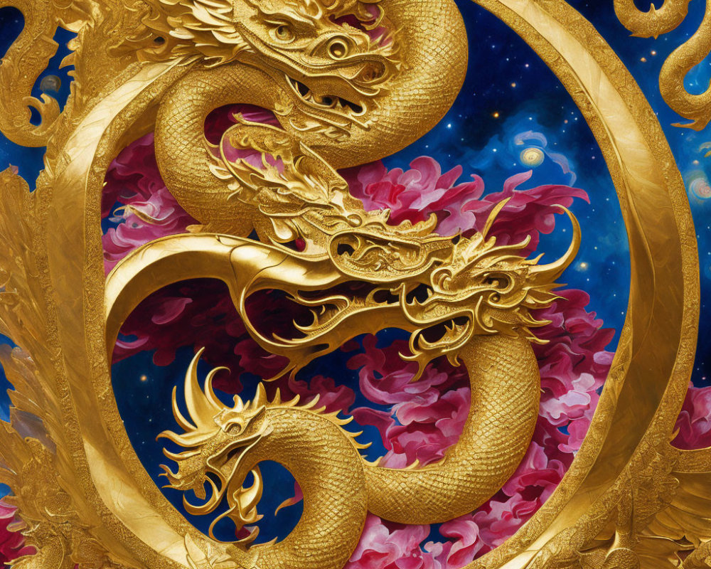 Golden Dragon Sculpture with Intricate Designs Among Pink Flowers and Starry Night Sky