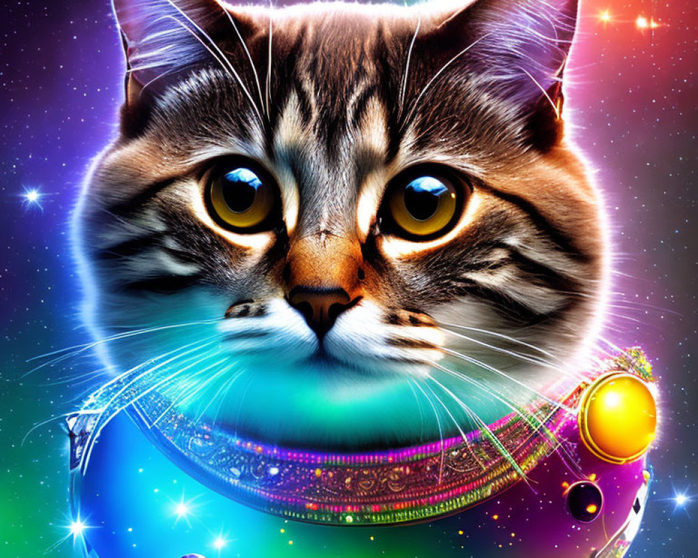 Colorful Nebula Cat Face Digital Artwork with Futuristic Elements