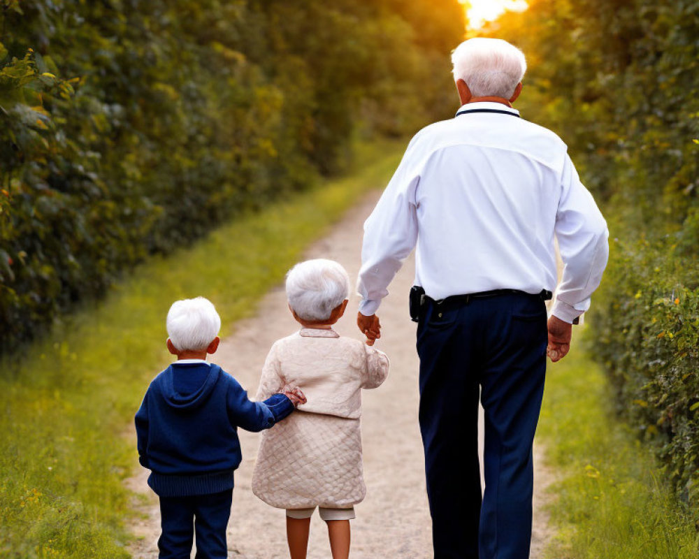 Elderly man and two children with white hair walking hand-in-hand in nature.