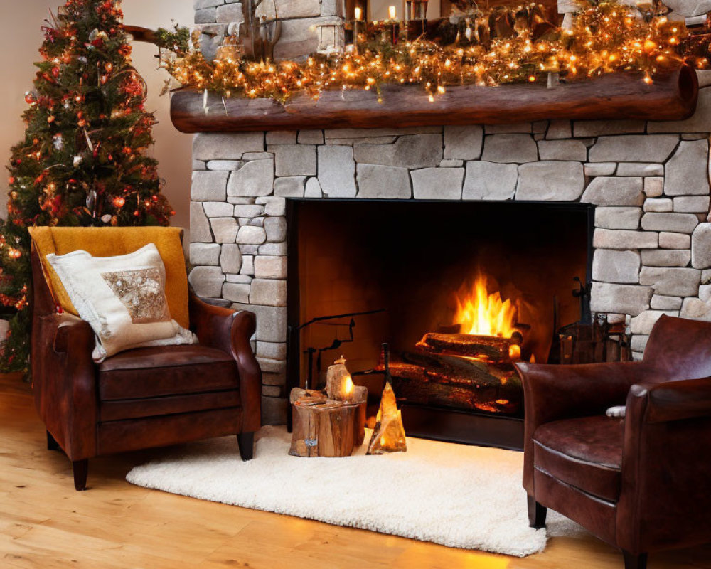 Festive Christmas room with fireplace and decorated tree