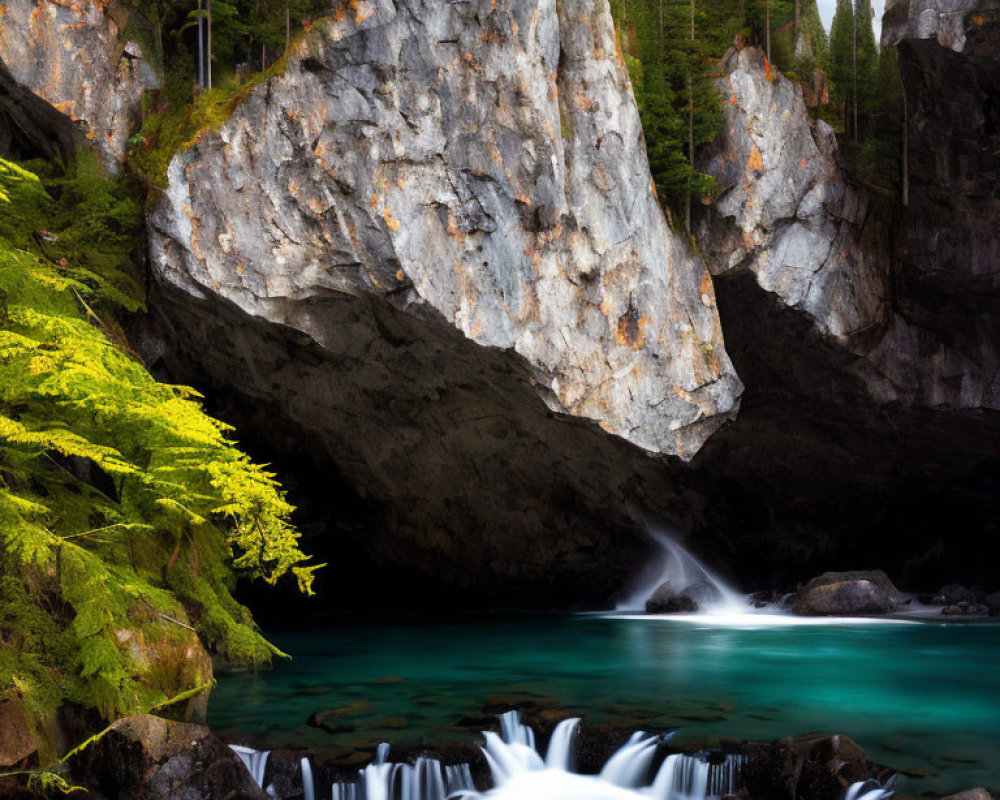 Tranquil waterfall cascading into turquoise pool among rugged cliffs