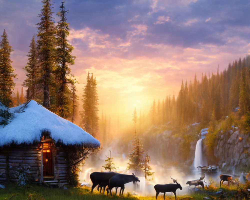 Rustic cabin with thatched roof near waterfall at sunset