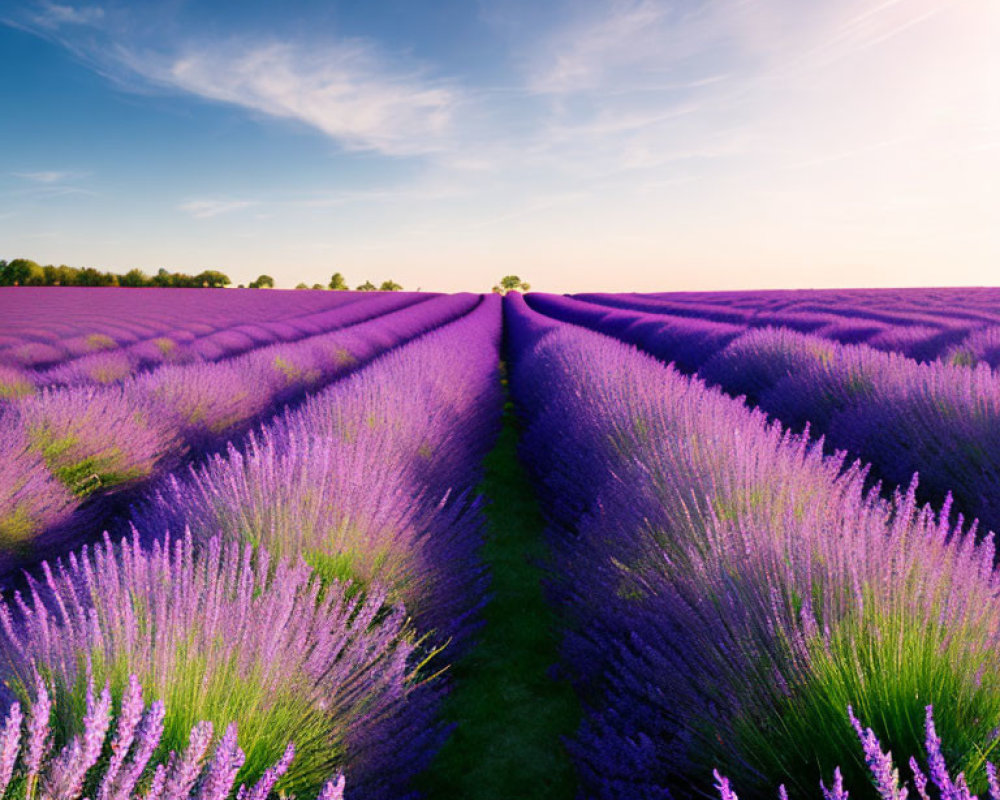 Scenic lavender fields with central path at sunset