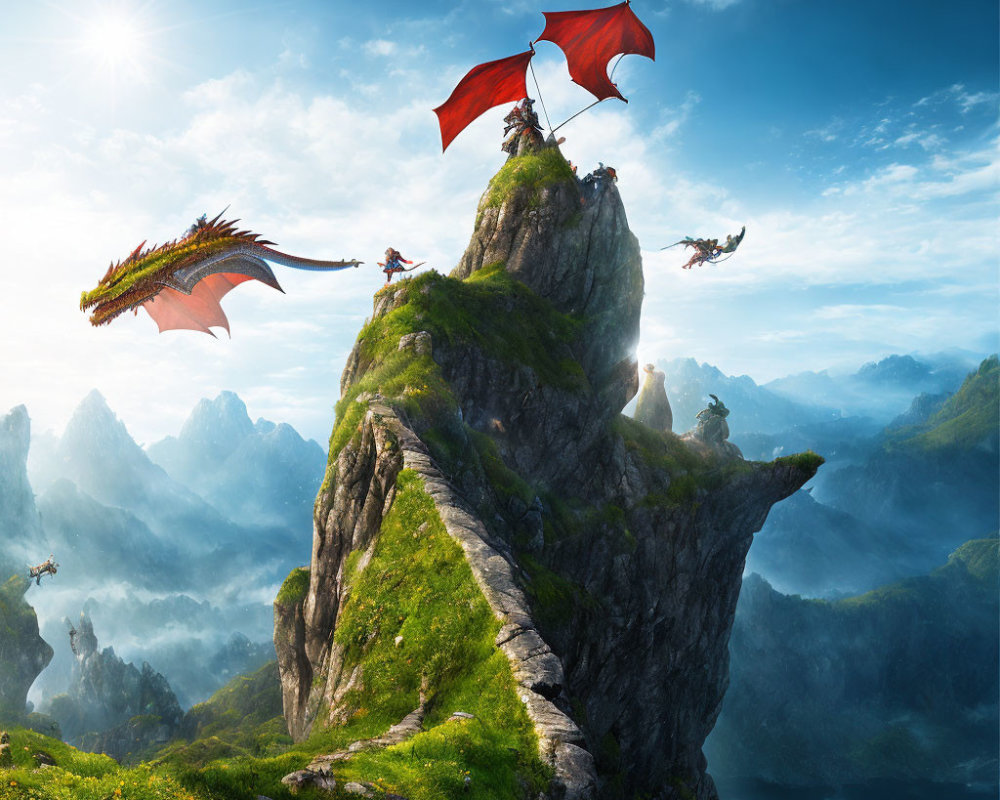 Fantastical landscape: Dragons soaring with riders from rocky peak