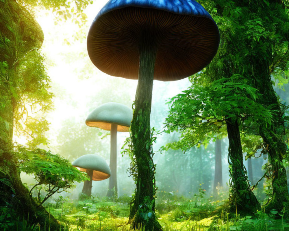 Colorful Fantasy Mushrooms in Sunlit Forest