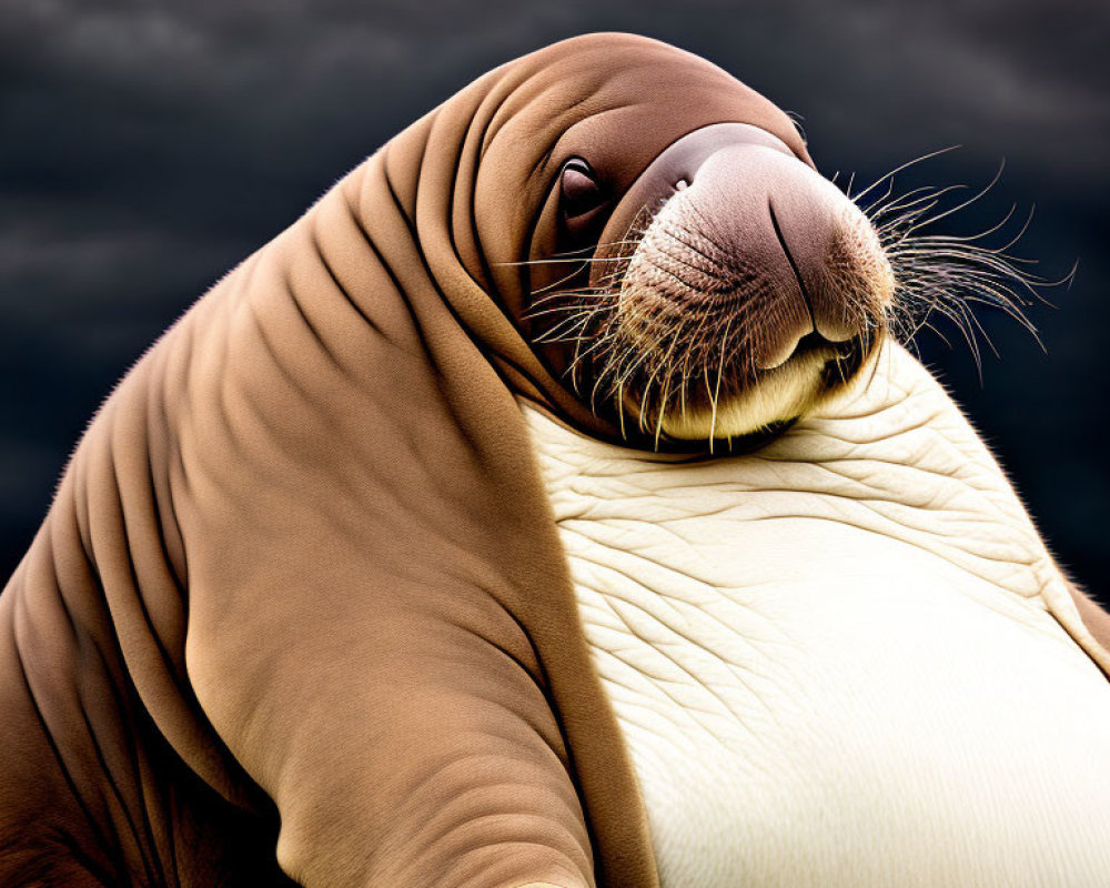 Detailed close-up of a walrus with prominent whiskers and folded skin on a dark cloudy backdrop