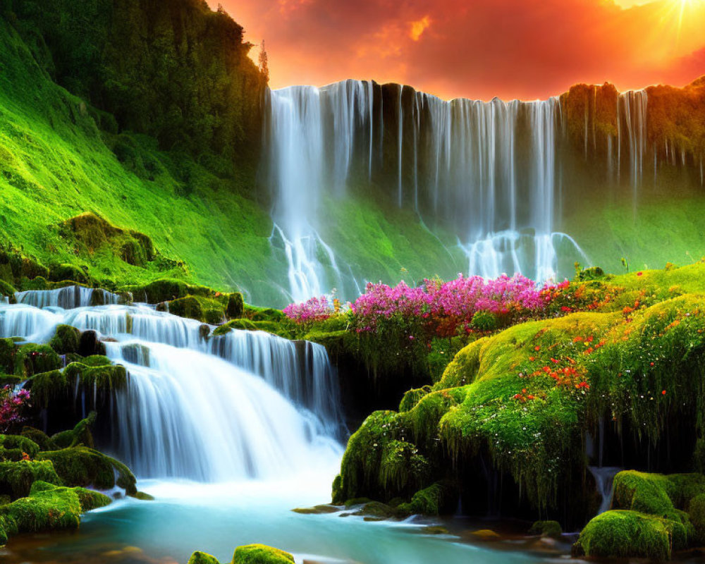 Scenic landscape with waterfall, greenery, flowers, and sunset