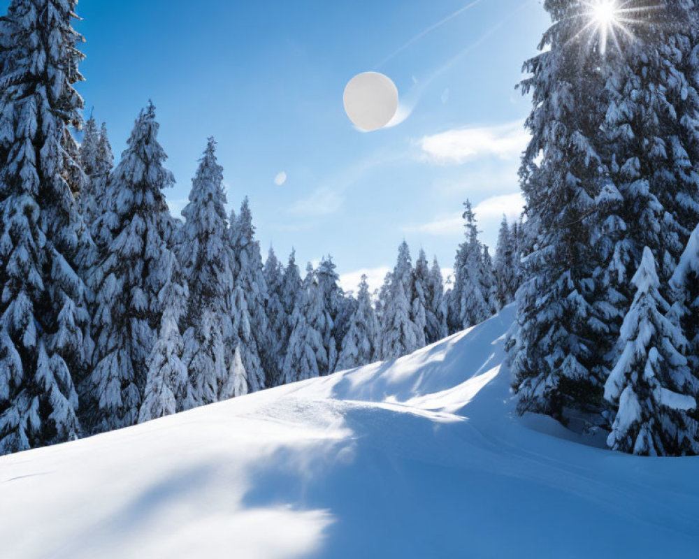 Winter scene: snow-covered pine forest under bright sun.