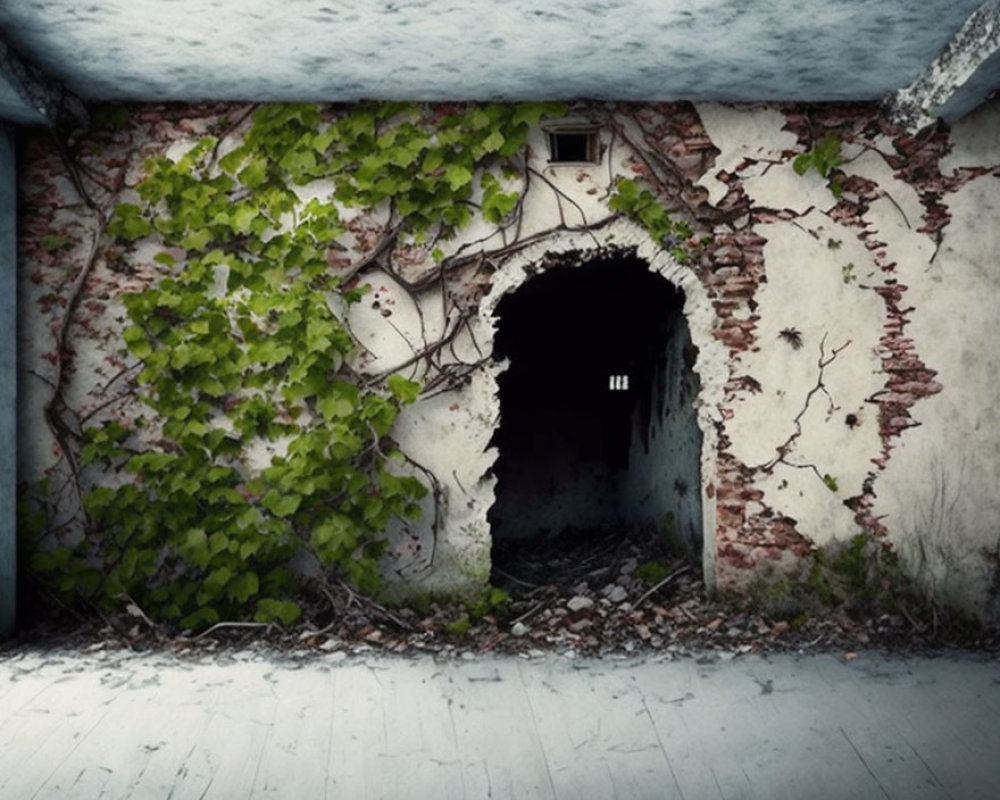 Abandoned room with crumbling brick wall and overgrown ivy.