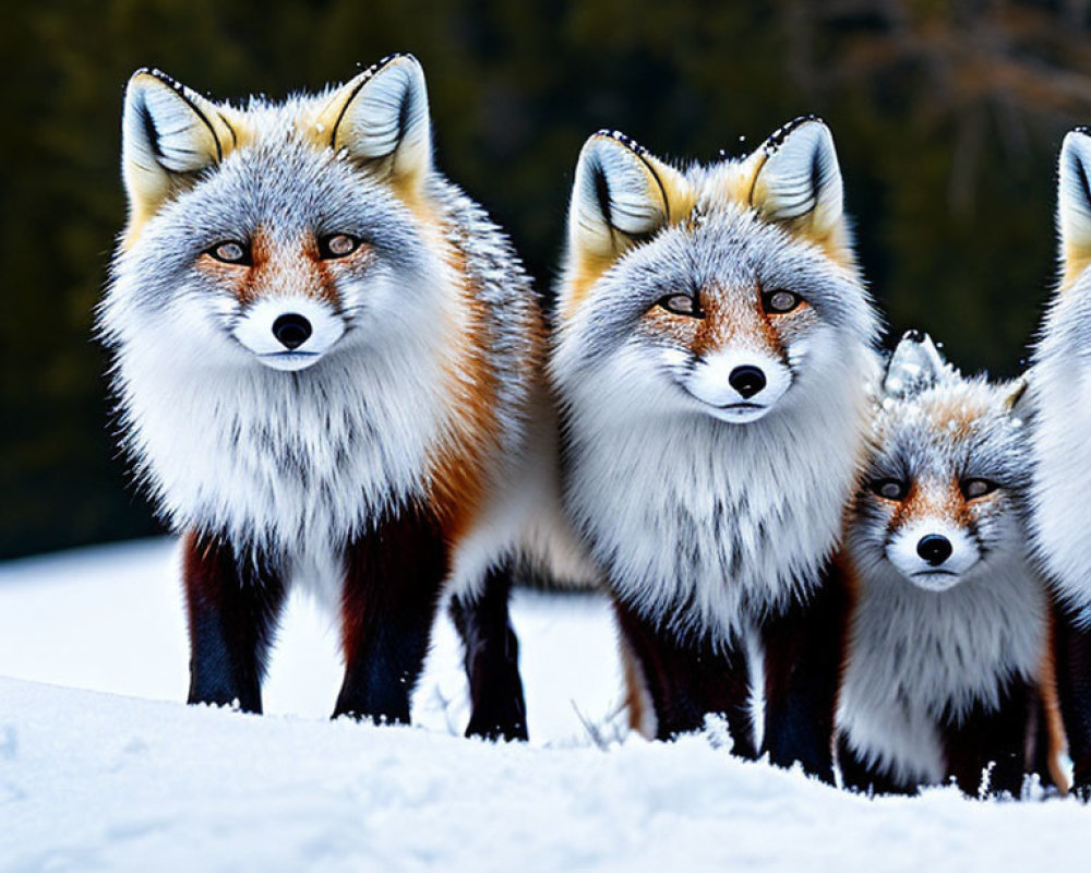 Three red foxes with thick fur in snow against forest backdrop.