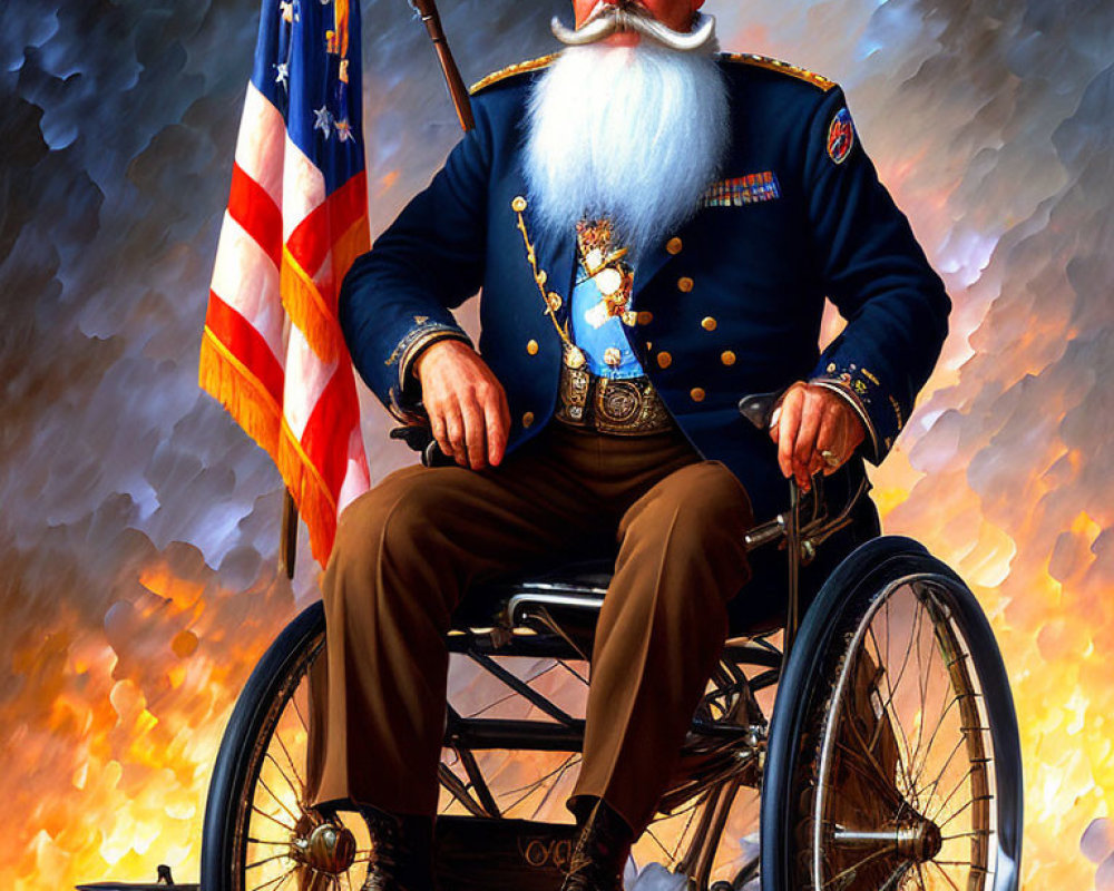 Elderly man in military uniform with American flag in wheelchair against fiery background