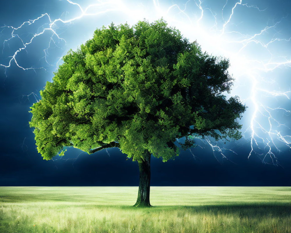 Lush green tree in grassy field under stormy sky with lightning strikes