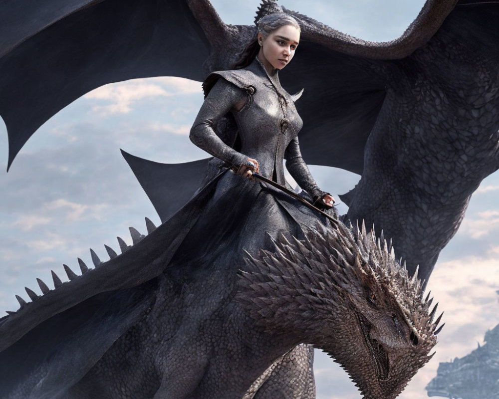 Person in medieval armor riding black dragon in fantasy setting