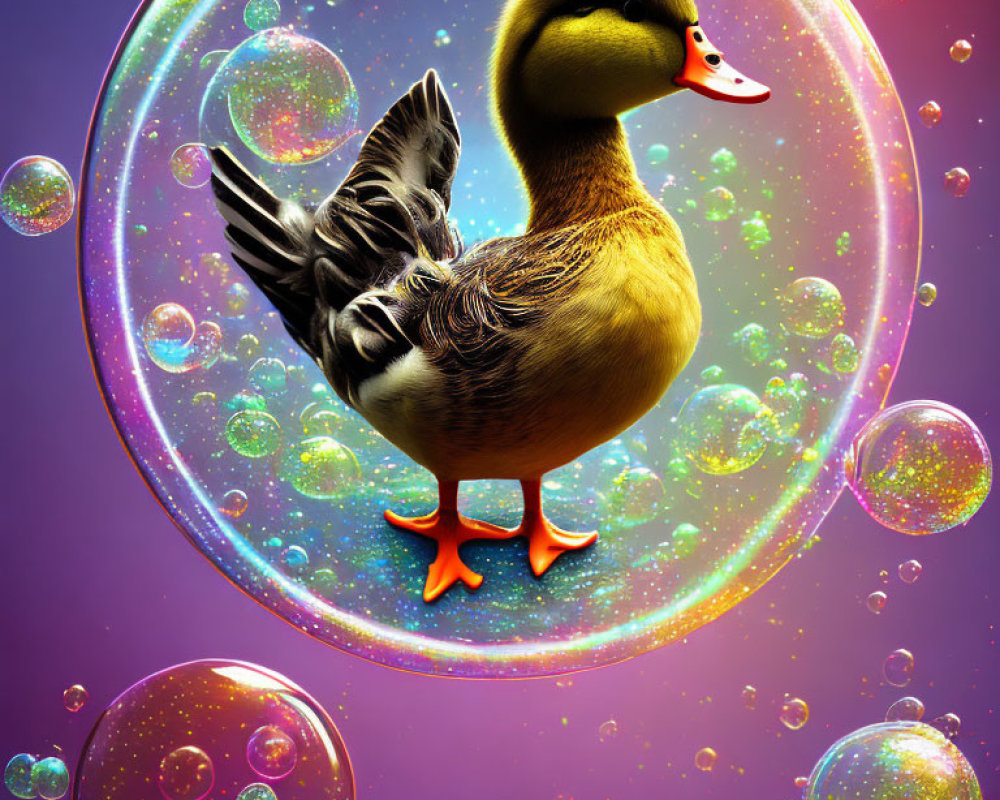 Duck in iridescent bubble surrounded by colorful bubbles on purple backdrop