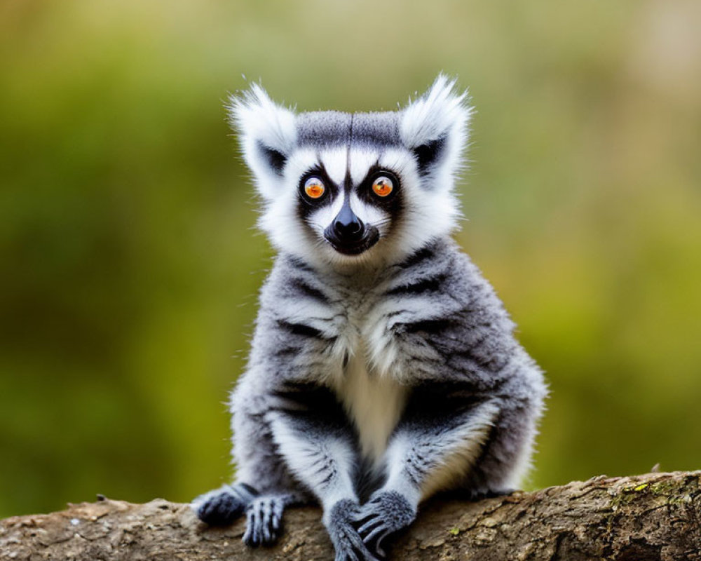 Ring-tailed lemur with orange eyes on branch against green background