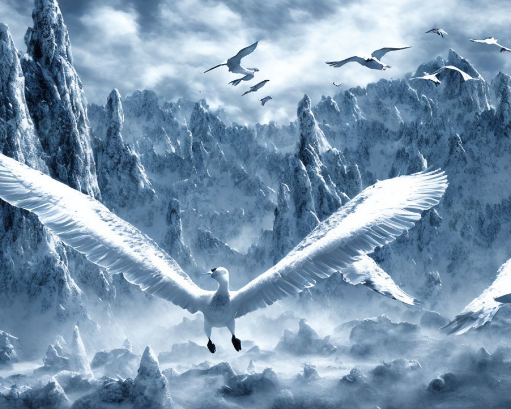 Majestic white bird flying over snow-covered mountains