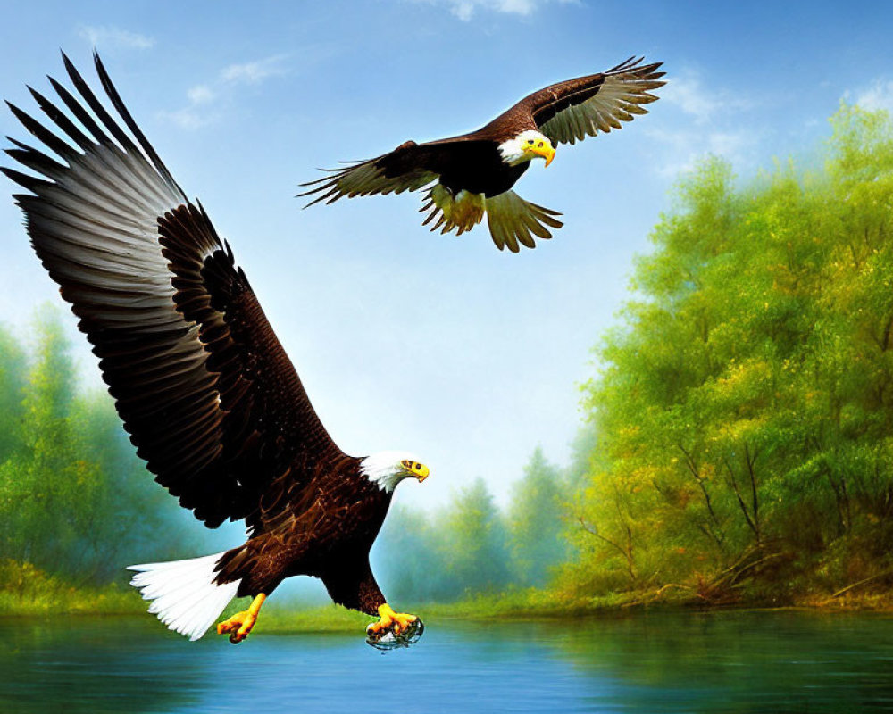 Pair of Bald Eagles Soaring above River and Greenery