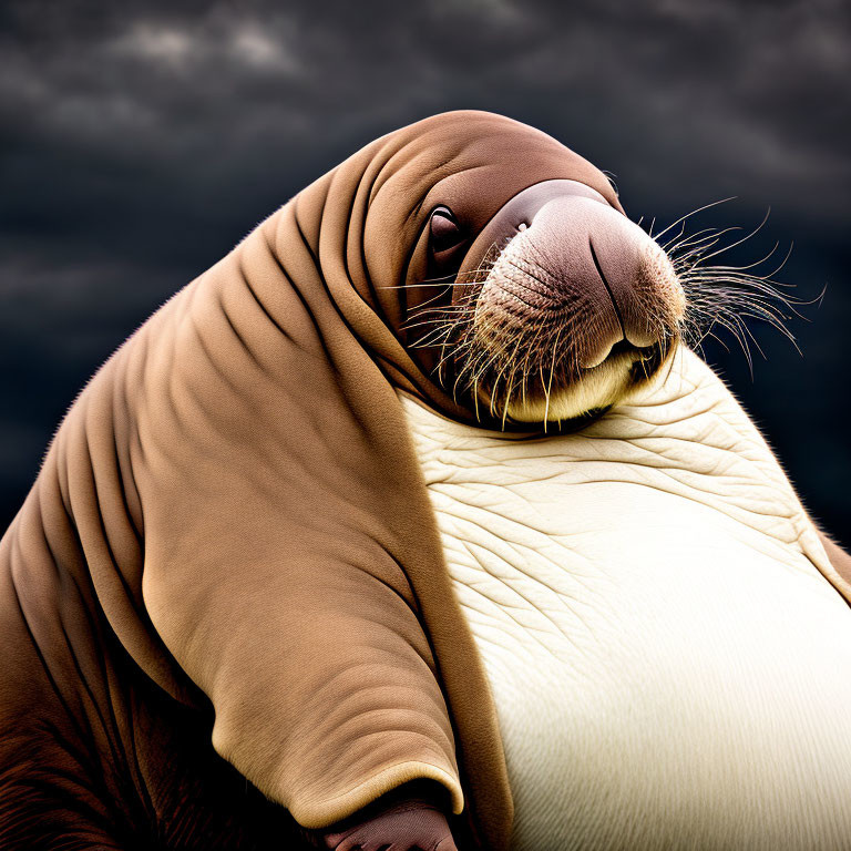 Detailed close-up of a walrus with prominent whiskers and folded skin on a dark cloudy backdrop