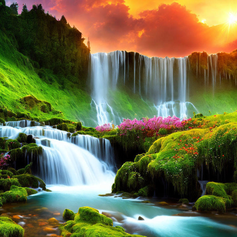 Scenic landscape with waterfall, greenery, flowers, and sunset