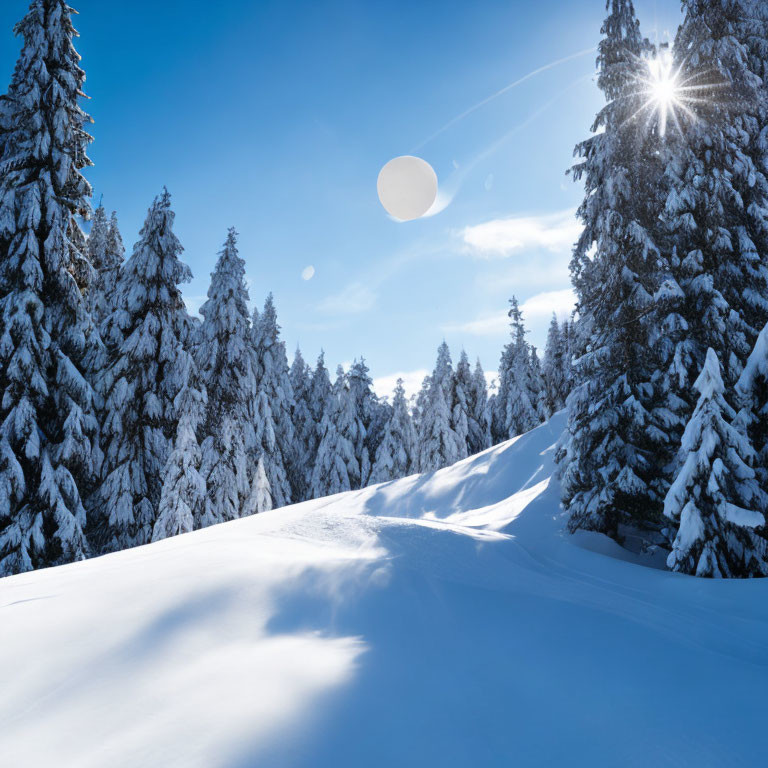 Winter scene: snow-covered pine forest under bright sun.