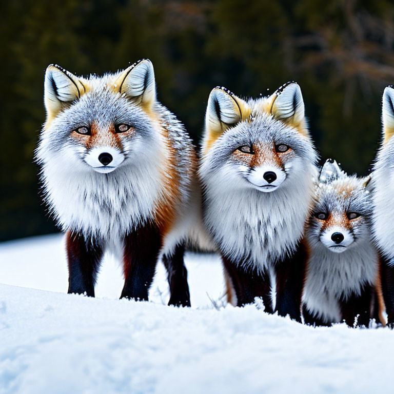 Three red foxes with thick fur in snow against forest backdrop.