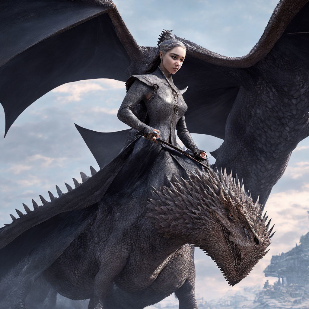 Person in medieval armor riding black dragon in fantasy setting