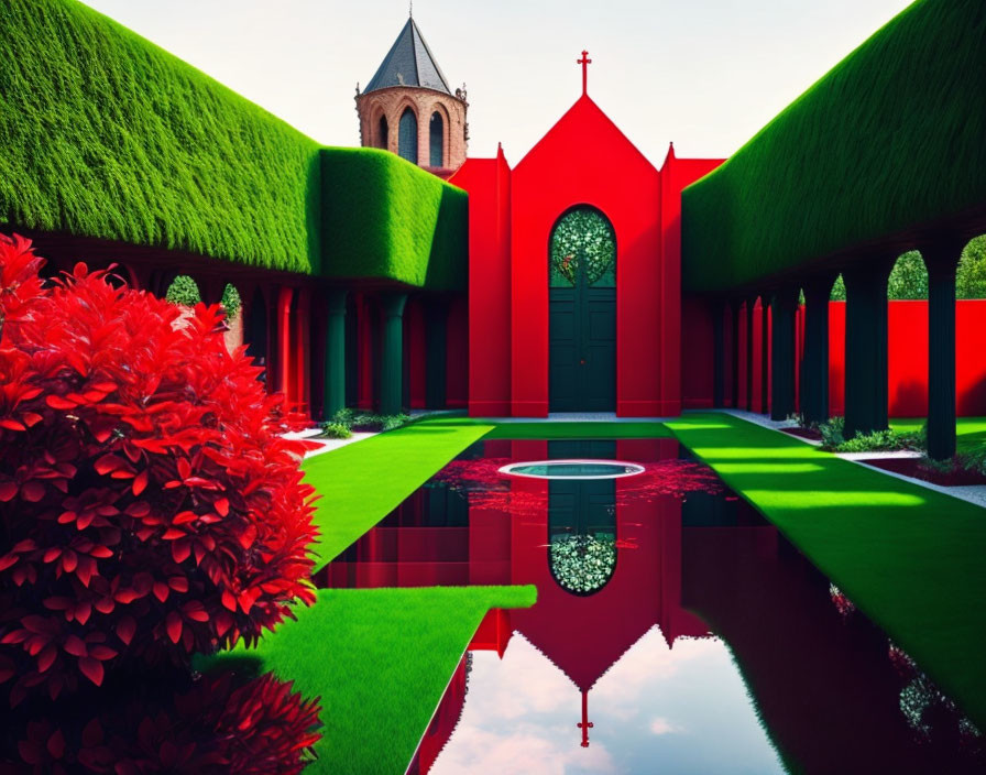 Colorful garden with red accents, reflective pool, and church tower