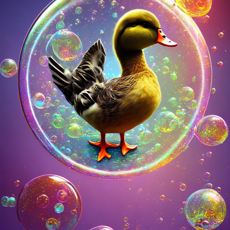 Duck in iridescent bubble surrounded by colorful bubbles on purple backdrop