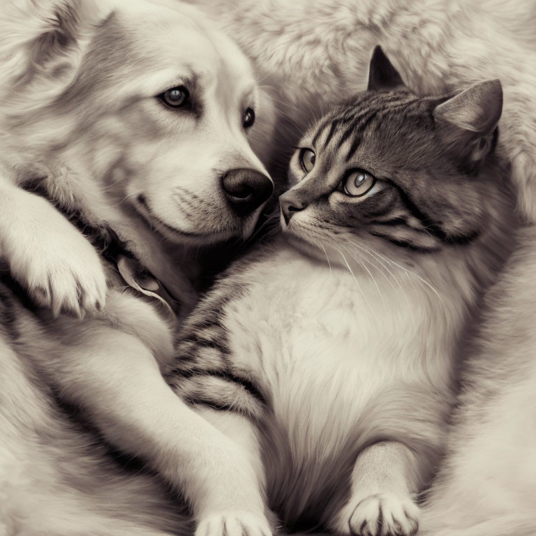 Dog and cat snuggled together with fluffy background