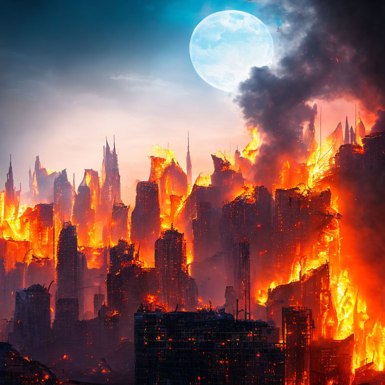 Dystopian city engulfed in flames under large moon