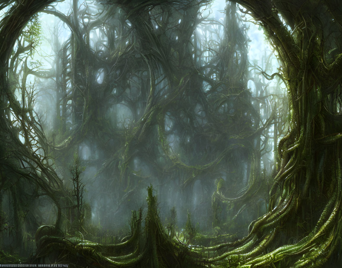 Twisted, intertwined forest with misty light filtering through.