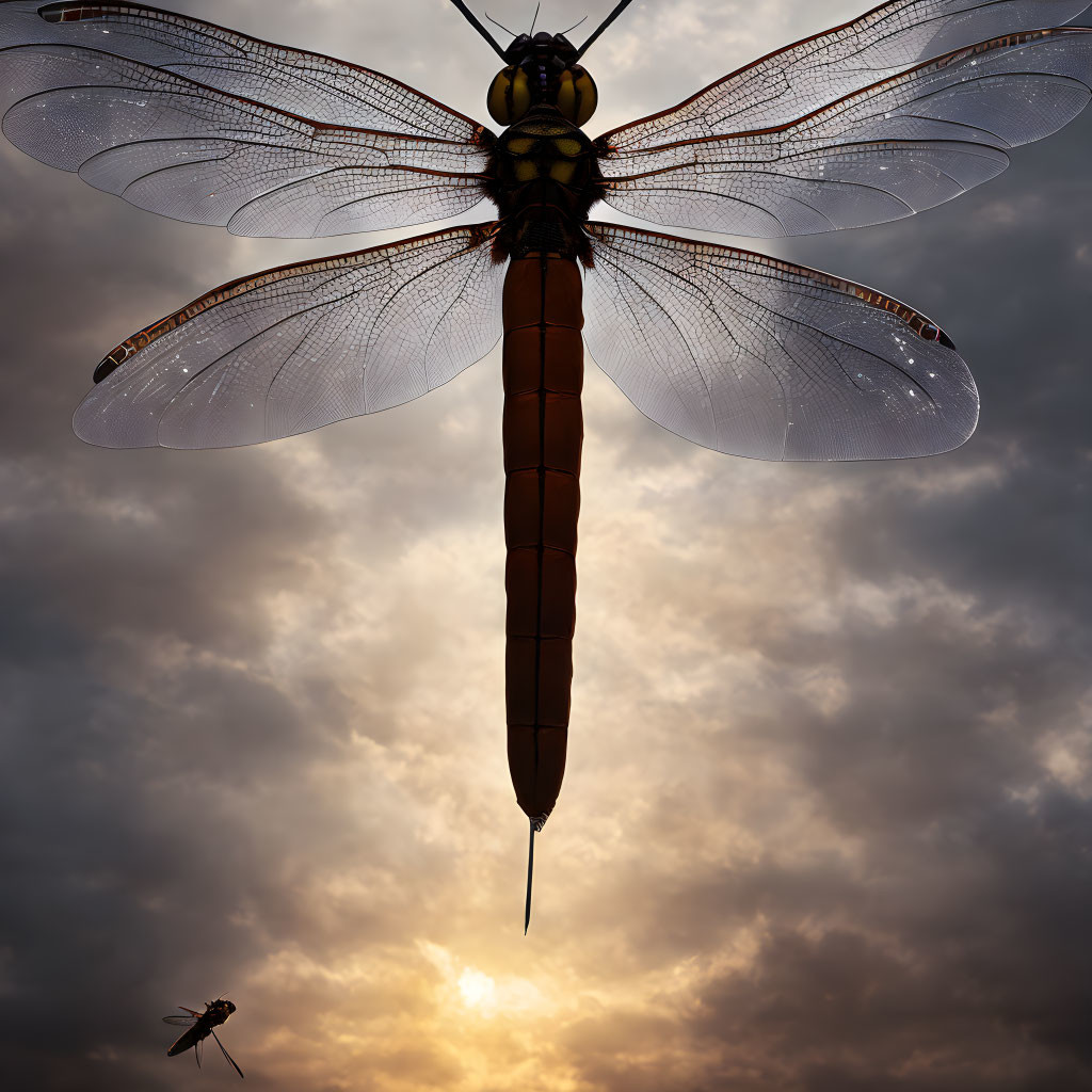 Detailed Dragonfly Silhouette on Sunset Sky