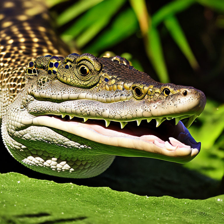 Juvenile crocodile with open mouth in lush greenery